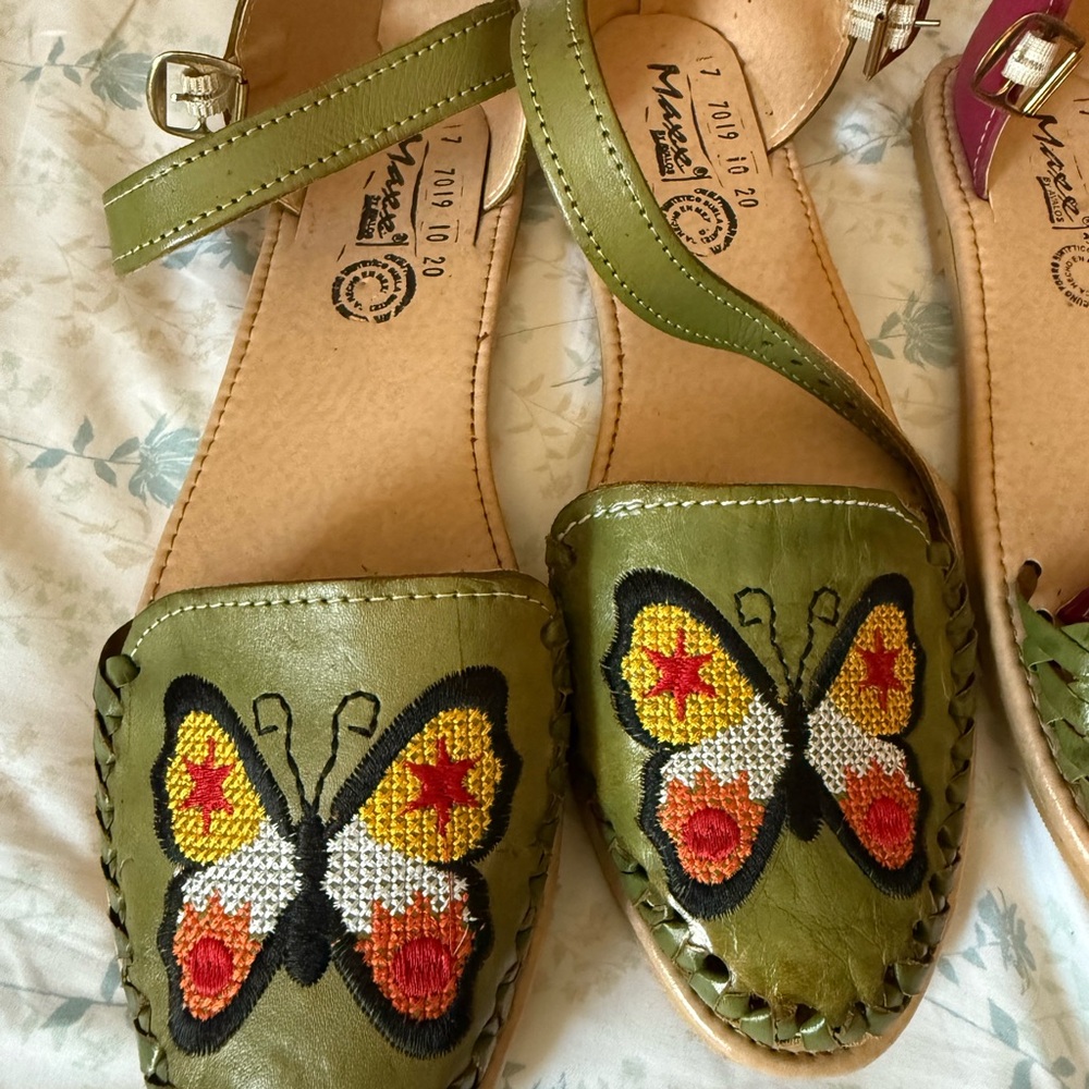 Green Embroidered Butterfly Sandals